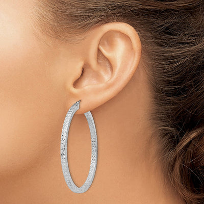 Sterling Silver Rhodium-plated Diamond-cut Square Tube Hoop Earrings, 50 x 3mm