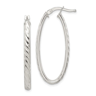 Sterling Silver Rhod-plated Textured Hollow Oval Hoop Earrings (Style QE8259)
