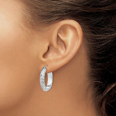 Sterling Silver Rhodium-plated Diamond-cut Oval Hoop Earrings, 24 x 20mm