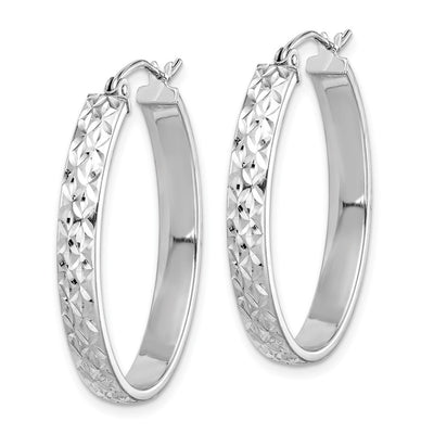 Sterling Silver Rhodium-plated Diamond-cut Oval Hoop Earrings, 27 x 21mm