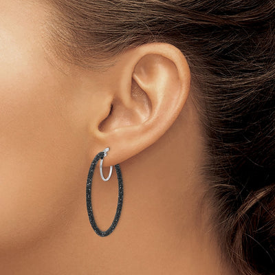 Sterling Silver Rhodium-plated Black Glitter Enamel Hoop Earrings, 35 x 2mm