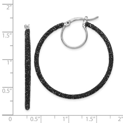 Sterling Silver Rhodium-plated Black Glitter Enamel Hoop Earrings, 35 x 2mm