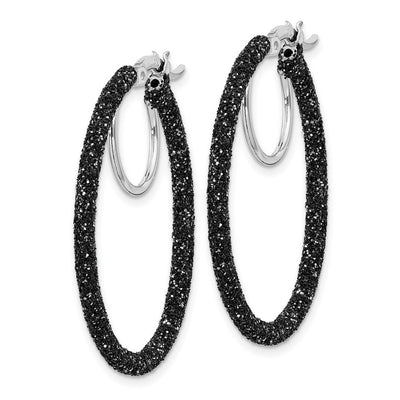 Sterling Silver Rhodium-plated Black Glitter Enamel Hoop Earrings, 30 x 2mm