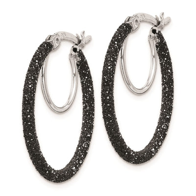 Sterling Silver Rhodium-plated Black Glitter Enamel Hoop Earrings, 25 x 2mm