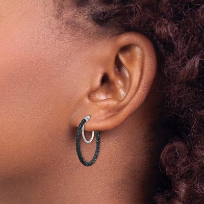 Sterling Silver Rhodium-plated Black Glitter Enamel Hoop Earrings, 25 x 2mm