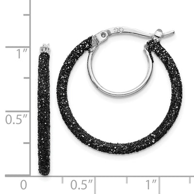 Sterling Silver Rhodium-plated Black Glitter Enamel Hoop Earrings, 25 x 2mm