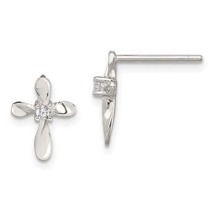 Sterling Silver Rhodium-plated Polished CZ Cross Post Earrings (Style QE8813)