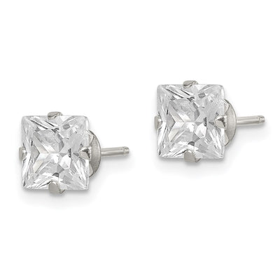 Sterling Silver Polished Princess CZ Snap Set Stud Earrings