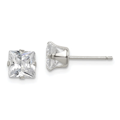 Sterling Silver Polished Princess CZ Snap Set Stud Earrings