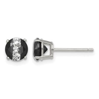 Sterling Silver RH-pltd Black/White Round CZ Basket Set Stud Earrings