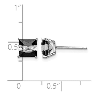Sterling Silver RH-plated Black & White Square CZ Stud Earrings, 6 x 6mm