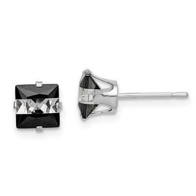 Sterling Silver Black & White Square CZ Snap-in Set Stud Earrings