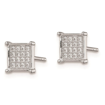 Sterling Silver Rhodium-plated Polished Pavé CZ Square Post Earrings, 8 x 8mm