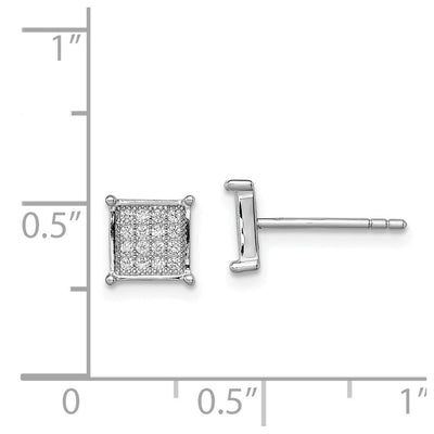 Sterling Silver Rhodium-plated Polished Pavé CZ Square Post Earrings, 8 x 8mm