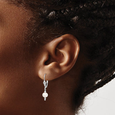 Sterling Silver Rhodium-plated White Semi-Round Freshwater Cultured Pearl Leverback Dangle Earrings, 28 x 6 to 7mm
