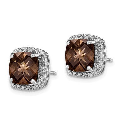 Sterling Silver Rhodium-plated Smoky Quartz and Diamond Earrings, 13 x 13mm