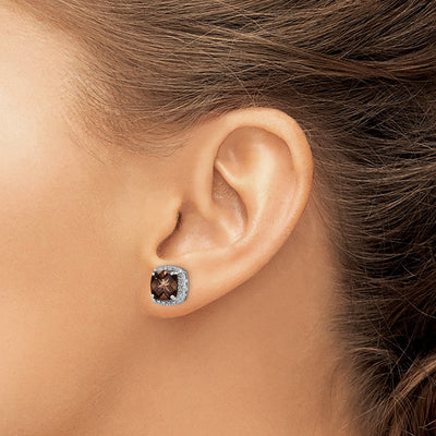 Sterling Silver Rhodium-plated Smoky Quartz and Diamond Earrings, 13 x 13mm