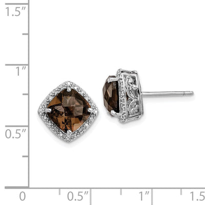 Sterling Silver Rhodium-plated Smoky Quartz and Diamond Earrings, 13 x 13mm