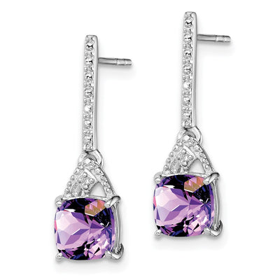 Sterling Silver Rhodium Plated Diamond and Amethyst Post Earrings, 20 x 6mm