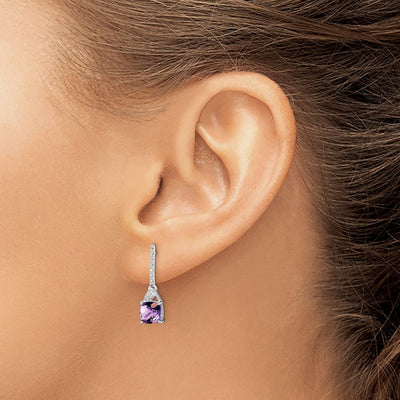Sterling Silver Rhodium Plated Diamond and Amethyst Post Earrings, 20 x 6mm