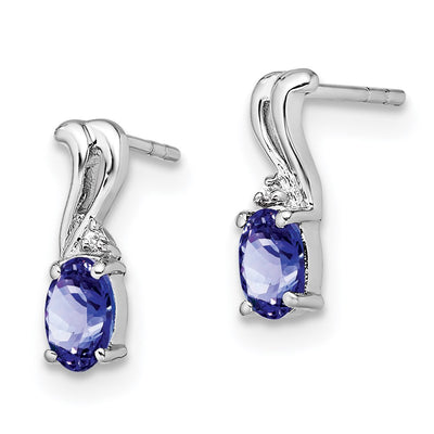 Sterling Silver Rhodium Plated Diamond & Tanzanite Oval Post Earrings, 10 x 4mm