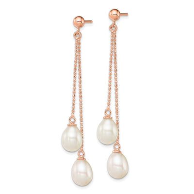 Sterling Silver Rose-tone White Rice Freshwater Cultured Pearl Post Dangle Earrings, 58.63 x 7 to 8mm