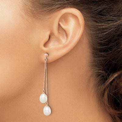 Sterling Silver Rose-tone White Rice Freshwater Cultured Pearl Post Dangle Earrings, 58.63 x 7 to 8mm