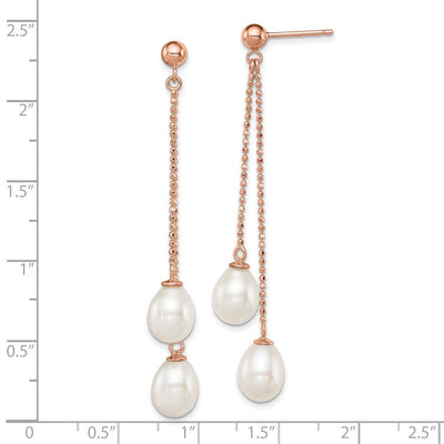 Sterling Silver Rose-tone White Rice Freshwater Cultured Pearl Post Dangle Earrings, 58.63 x 7 to 8mm