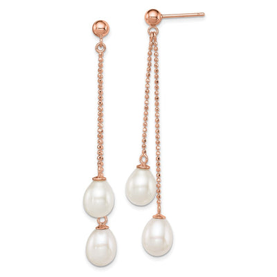 Sterling Silver Rose-tone White Rice Freshwater Cultured Pearl Post Dangle Earrings, 58.63 x 7 to 8mm