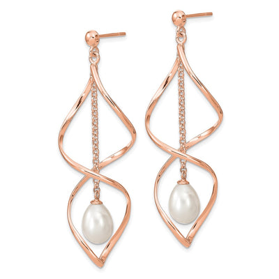 Sterling Silver Rose-tone White Rice Freshwater Cultured Pearl Post Dangle Earrings, 10 x 7 to 8mm