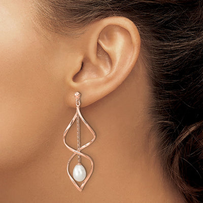 Sterling Silver Rose-tone White Rice Freshwater Cultured Pearl Post Dangle Earrings, 10 x 7 to 8mm
