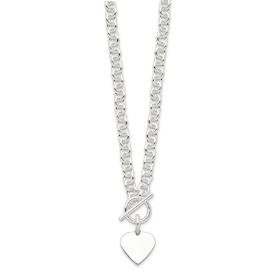 Sterling Silver Engraveable Heart Disc on Fancy Link Toggle 7.75in Necklace