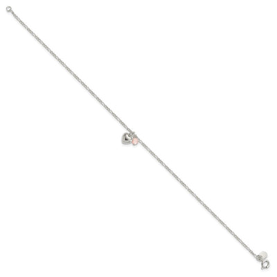 Sterling Silver Cherry Quartz Dangling Hearts on Figaro Link Anklet
