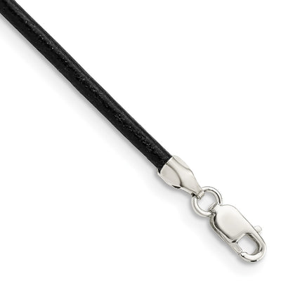 Sterling Silver Black Leather Cord Necklace, 16 x 2mm