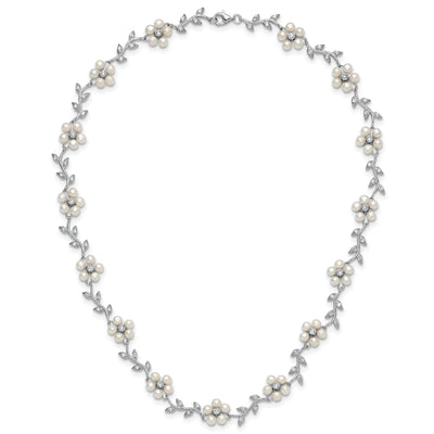 Sterling Silver Rhodium-plated CZ Vine Pattern and Fresheater Cultured Pearl Floral Necklace