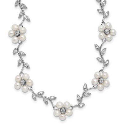 Sterling Silver Rhodium-plated CZ Vine Pattern and Fresheater Cultured Pearl Floral Bracelet
