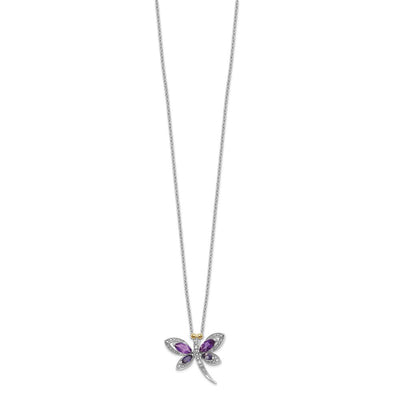 Brilliant Gemstones Sterling Silver with 14K Accent Rhodium-plated Amethyst and Iolite and Diamond Dragonfly Necklace with Extender, 20 x 21mm
