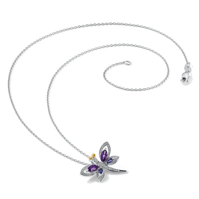 Brilliant Gemstones Sterling Silver with 14K Accent Rhodium-plated Amethyst and Iolite and Diamond Dragonfly Necklace with Extender, 20 x 21mm