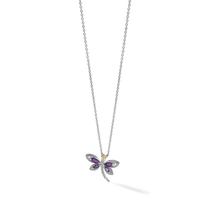 Brilliant Gemstones Sterling Silver with 14K Accent Rhodium-plated Amethyst and Iolite and Diamond Dragonfly Necklace with Extender, 20 x 21mm