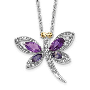 Brilliant Gemstones Sterling Silver with 14K Accent Rhodium-plated Amethyst and Iolite and Diamond Dragonfly Necklace with Extender (Style QG2711-17)