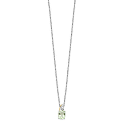 Brilliant Gemstones Sterling Silver with 14K Accent Rhodium-plated Green Quartz and Diamond Necklace with Extender, 20 x 7mm