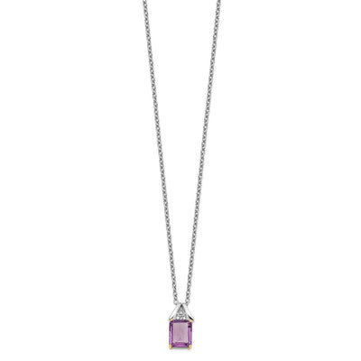 Brilliant Gemstones Sterling Silver with 14K Accent Rhodium-plated Amethyst and Diamond Necklace with Extender, 20 x 9mm