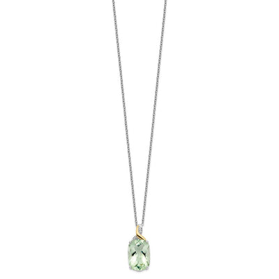 Brilliant Gemstones Sterling Silver with 14K Accent Rhodium-plated Green Quartz and Diamond Necklace with Extender, 20 x 11mm
