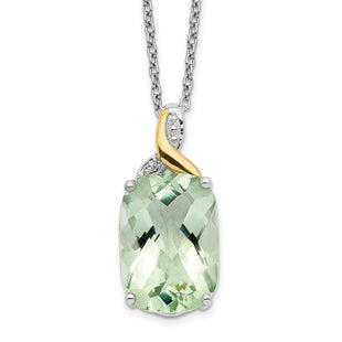 Brilliant Gemstones Sterling Silver with 14K Accent Rhodium-plated Green Quartz and Diamond Necklace with Extender (Style QG2730-18)
