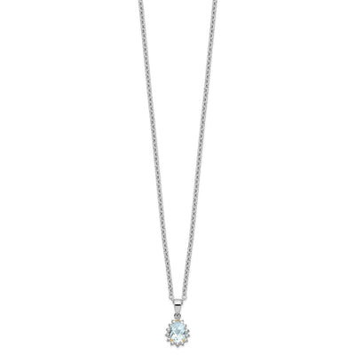 Brilliant Gemstones Sterling Silver with 14K Accent Rhodium-plated Sky Blue Topaz and Diamond Necklace with Extender, 20 x 10mm