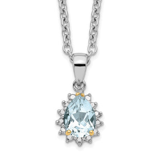 Brilliant Gemstones Sterling Silver with 14K Accent Rhodium-plated Sky Blue Topaz and Diamond Necklace with Extender (Style QG2737-18)