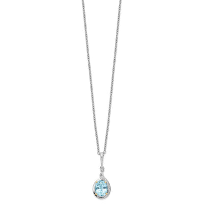 Brilliant Gemstones Sterling Silver with 14K Accent Rhodium-plated Sky Blue Topaz and Diamond Necklace with Extender, 20 x 12mm