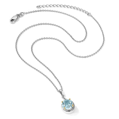 Brilliant Gemstones Sterling Silver with 14K Accent Rhodium-plated Sky Blue Topaz and Diamond Necklace with Extender, 20 x 12mm