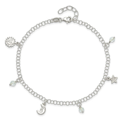 Sterling Silver Polished Sun Moon and Stars 9in Plus 1in Ext. Anklet