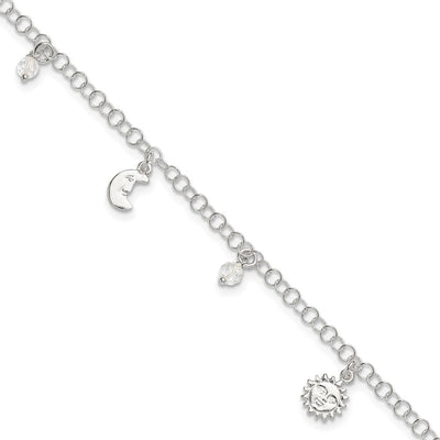 Sterling Silver Polished Sun Moon and Stars 9in Plus 1in Ext. Anklet